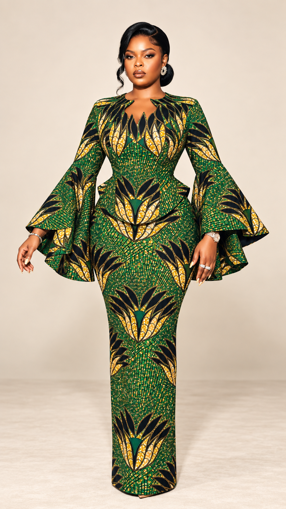 Majesté Émeraude — Ensemble peplum à manches majestueuses